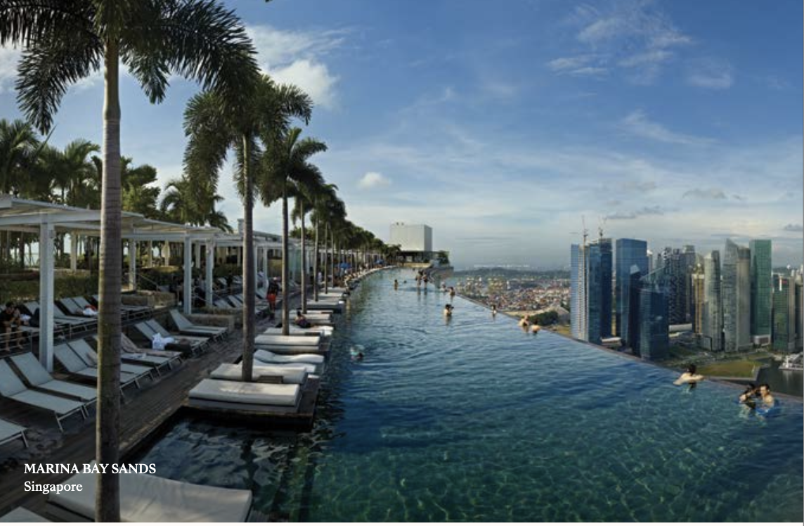 Marina Bay Sands rooftop infinity pool overlooking the Singapore skyline — Safdie Architects