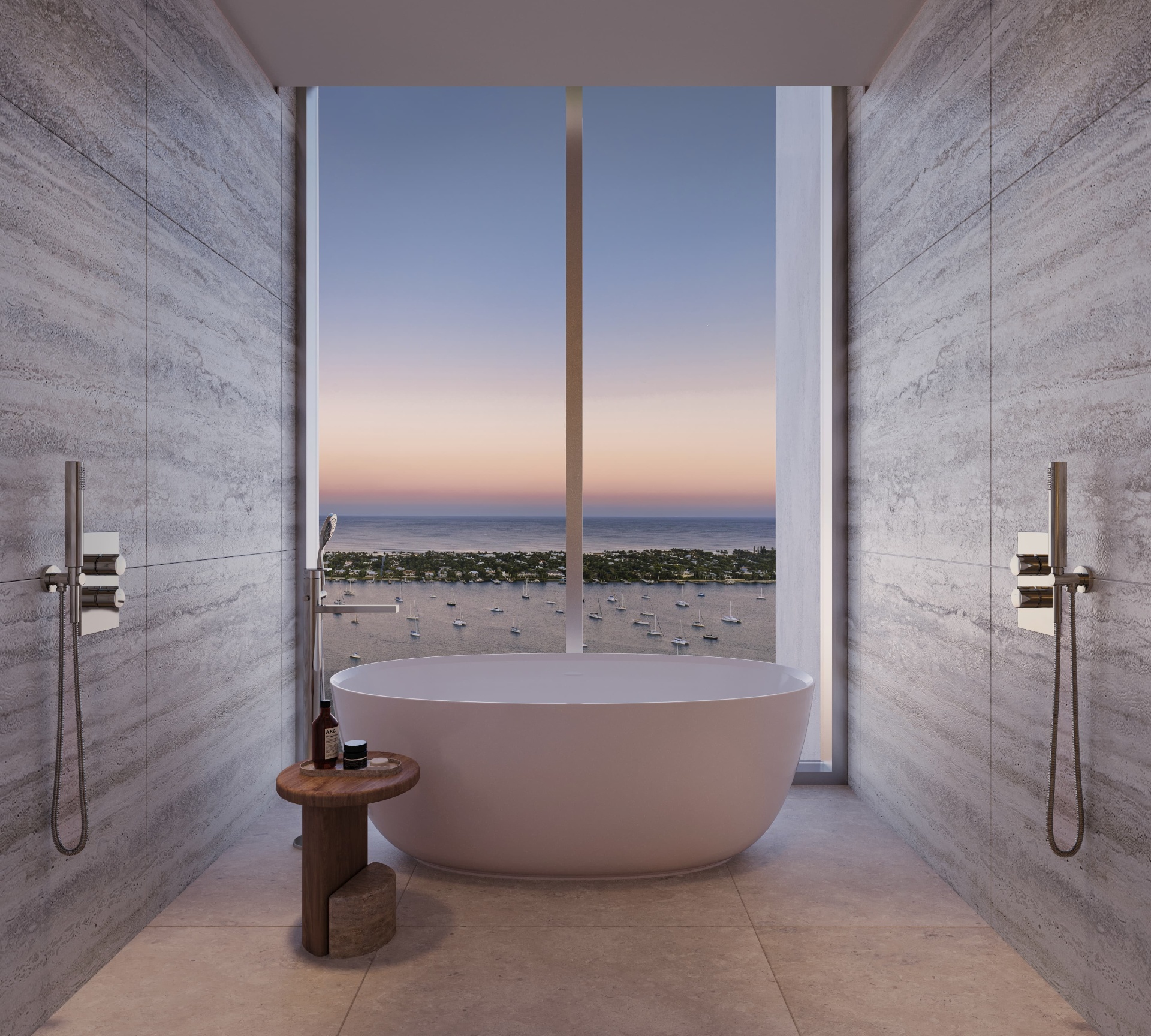 Primary bath at dusk overlooking the Intracoastal and Palm Beach